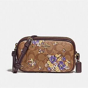 Coach Double Zip Camera Bag Crossbody Floral Signature Canvas Leather Trim